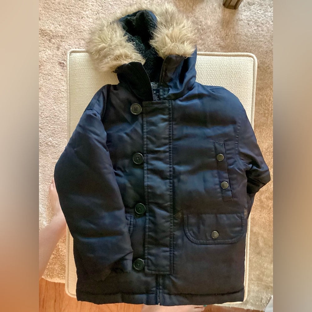 Ralph Lauren boys navy blue 4T Down filled coat with removable fur lining